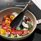 Silicone Head cooking & Serving Spoon + Slotted Spatula Set: Cookling Utensil with Long Wooden Handles, Heat Resistant Cookware, Protects Surfaces with Gentle Head Design