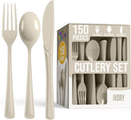 Party Solids Ivory Plastic Silverware Heavy Duty 150 Pieces Ivory Plastic Cutlery Sets, Utensil Sets, 50 Of Each Forks, Knives & Spoons Disposable Cutlery Set, Flatware Set For Party Supplies