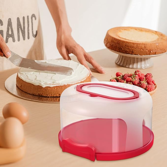 Top Shelf Elements Round Cake Carrier For Up To 10 Inch Cake Portable Cake Stands Two Sided Cake Box With Handle Fashionable Base Doubles as Five Section Serving Tray Container Holds Pies(Scarlet)