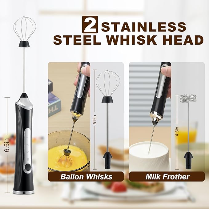Handheld Electric Milk Frother with 2 Heads, Coffee Whisk Foam Mixer with USB Rechargeable 3 Speeds, Foam Maker Blender for Latte, Cappuccino, Hot Chocolate, Egg (Black)