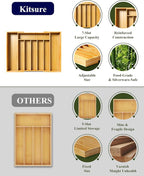 Kitsure Extra Large Bamboo Silverware Organizer - Expandable Drawer Organizer for Utensil, Cutlery and Flatware, Kitchen Storage Solution with 6 to 8 Slots, Natural, 19.7" × 15.4" × 2.0"