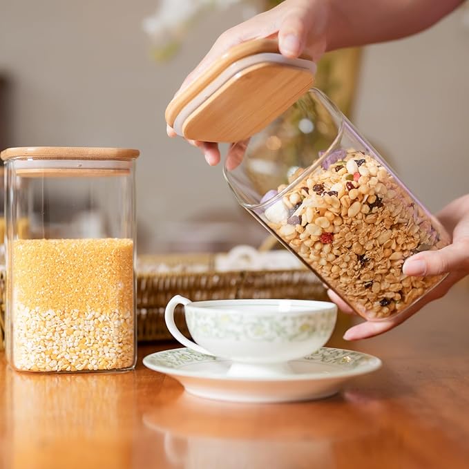 Liuruiyu Glass Food Storage Jars 37 oz Set of 6,Glass Storage Containers Clear Glass Food Canister with Bamboo Lid Airtight For Serving Tea,Coffee,Flour,Sugar,Candy,Cookie,Spice and More (Square)