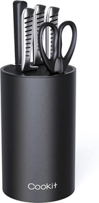 Knife Block Without Knives, Cookit Universal Round Knife Block Only, Detachable Knife Holder for Easy Cleaning, Space Saver Knife Storage Holder with Scissors Slot, Black