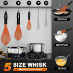 Walfos Whisk, Silicone Whisks Set of 5, Mini Stainless Steel Whisk 7+5in and Non Scratch Coated 7+9+11in Whisks, Suitable for Blending, Whisking, Beating, Frothing & Stirring. (Orange)
