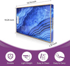 Gifturbo Blue Marble Serving Tray,Decorative Serving Trays with Handles,Coffee Table Tray Ottoman Rectangular Plastic Trays with Gold Rim for Living Room, Bathroom,15.7 x 10.2 x1.37 inches