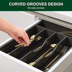 Bellsal Black Utensil Organizer 10 Inch Silverware Tray for Utensil Holder Cutlery Organizer Kitchen Drawer Organizer 5 Compartment Small Narrow Bamboo