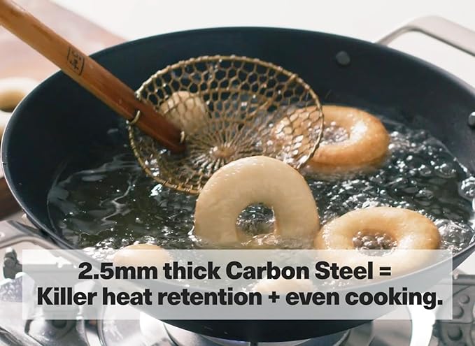 Misen Pre-Seasoned 12" Carbon Steel Wok - Naturally Nonstick - Perfect Size for Any Home Kitchen - Small Flat Bottom - Ergonomic, Stay-Cool Handles - Ready to Use, Compatible with All Cooktops