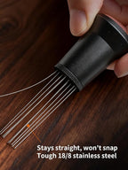 WDT Tool Espresso Distribution Tool with 10 x 0.25mm Stainless Steel Needles, Espresso Machine Accessories with 10 Extra 0.4mm Needles, Aluminum Alloy Handle Stand with Hide Brush for Barista