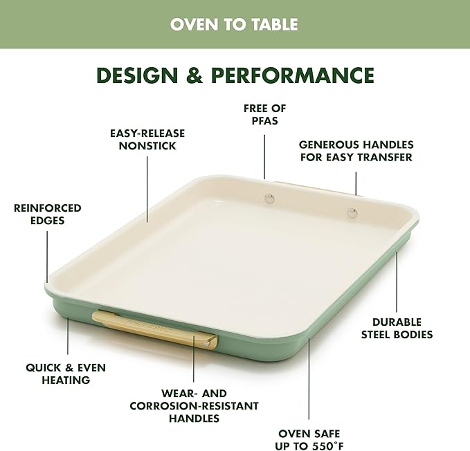 GreenPan Bakeware Set, 7 Piece Nonstick Ceramic Gold Handle Baking Sheets, Cake Pans, Loaf Pan, Muffin Tin, Cooling Rack, PFAS & BPA Free, Freezer to Oven Dish, Bake & Roast Ovenware, Sage Green