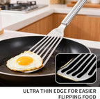 KSENDALO One-piece Fish Spatula Stainless Steel SUS304 - Thick Spatula with Flexible Thin Angled Blade Slotted Egg Flipper, Hollow Grip Metal Turner for Fish/Eggs/Omelettes, Dishwasher Safe