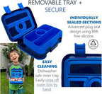 Bento Lunch Box with Bag, Water Bottle & Ice Pack Set for Kids Toddlers, 4 Portion Sections, Removable Tray, Pre-School Boy Toddler Daycare Lunches, Insulated Snack Container, Blue Space Dinosaur