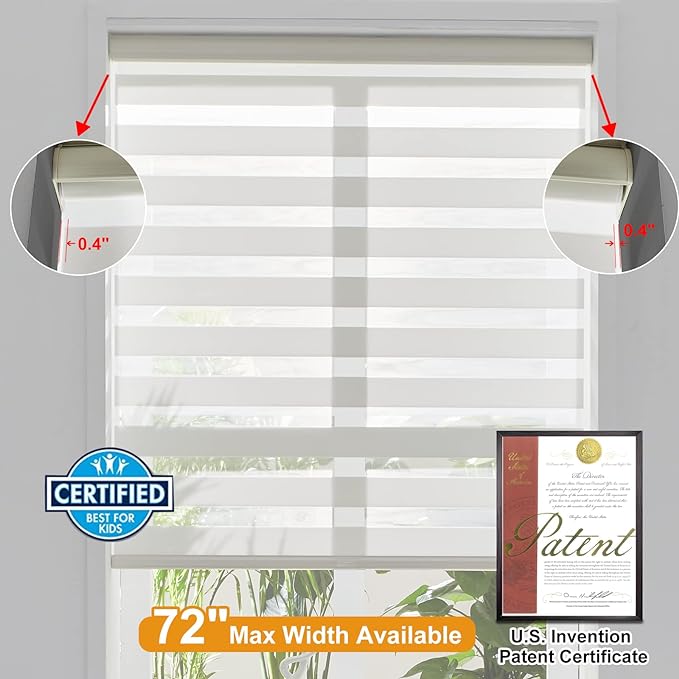 Persilux Cordless Zebra Blinds for Windows Free-Stop Roller Windows Shades (31" W X 72" H, Cream) Dual Layer Light Control for Day and Night, Light Filtering Sheer Shades for Home, Easy to Install