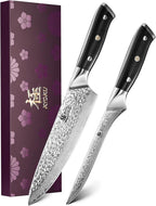 KYOKU Knife Set, 2pc Japanese Kitchen Knife Set for Cooking, 7" Boning 8" Chef Knife with Sheath Gift Box, Professional Sharp Damascus Stainless Steel Knives for Meat Vegetable