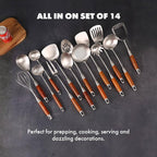 18/10 Stainless Steel Kitchen Utensils Set with Wooden Handle - 14 PCS Metal Cooking Tools & Serving Utensil, Large and Small Spoons Set - Whisk, Masher, Fork, Spatula, Turner, Ladle, Skimmer, Pasta
