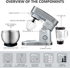 Multifunctional Stand Mixer 6.3Qt 6-Speed Tilt-head, Electric Kitchen Mixer with Stainless Steel Bowl,Meat Grinder, Juice Blender (Silver)