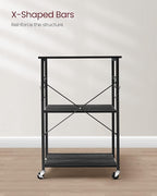 VASAGLE Kitchen Shelf on Wheels, Serving Cart with 3 Shelves, Kitchen Cart, Microwave Shelf, for Mini Oven, Toaster, with 6 Hooks, Industrial Stylee, Ebonized Oak Finish and Black UKKS060B42