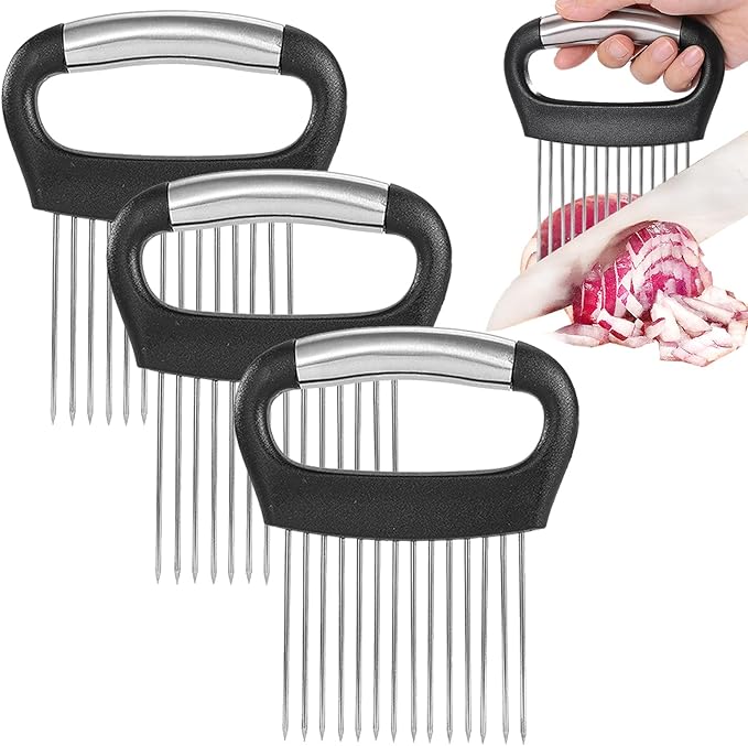 JAYVAR Large Onion Holder for Slicing, 3Pieces Large Tomato Slicer, Stainless Steel Onion Chopper Vegetable Cutter for Potato Lemon, Meat Tenderizer Tool, Kitchen Food Slicer Guide for Neat Slicing