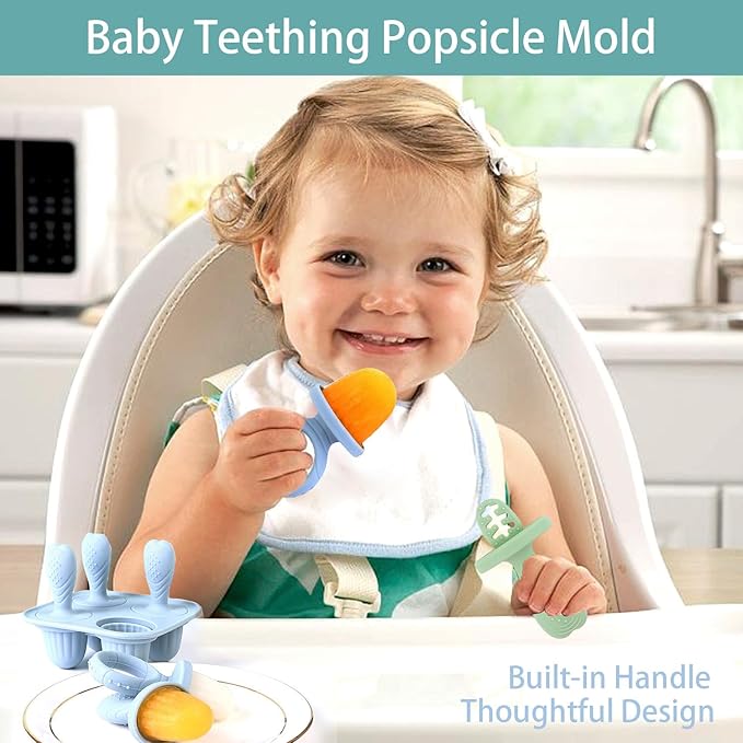 Silicone Baby Ice Pop Molds with Easy-Grip Handles, 4-Cavity Frozen Treat Tray for Toddlers, Mini Popsicle Maker for Teething Relief, Fruit Puree & Breastmilk Snacks (Dust Blue)