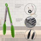 Kitchen Tongs with Silicone Tips,Tongs for Cooking Heat Resistant 600 Degrees Stainless Steel Locking Tongs,Grass Green Set of 3-7", 9" and 12"