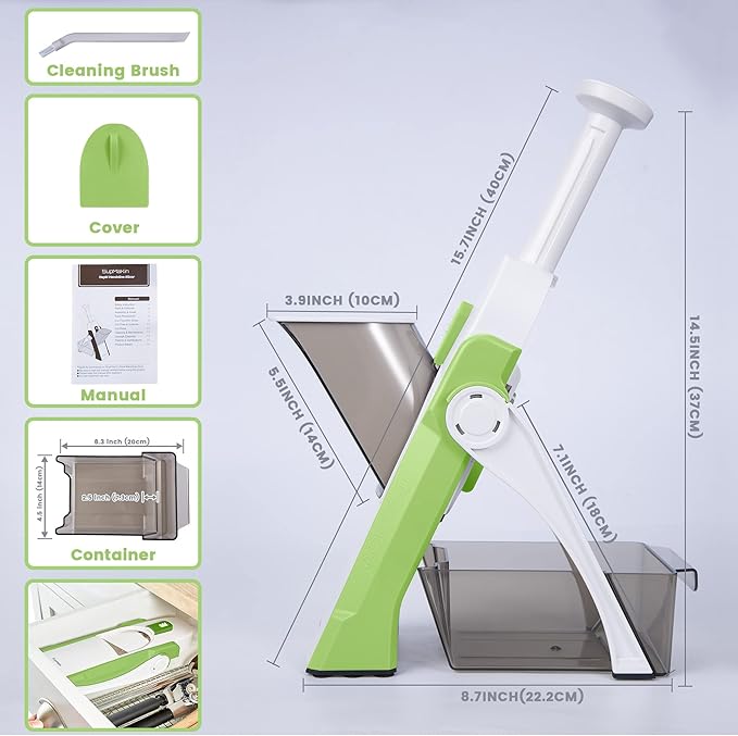 SupMaKin Upgrade Safe Mandoline Slicer, Vegetable Chopper, Potato Slicer 4 Modes Adjustable Thickness Food Cutter, Kitchen Chopping Artifact (6 in 1 Green)