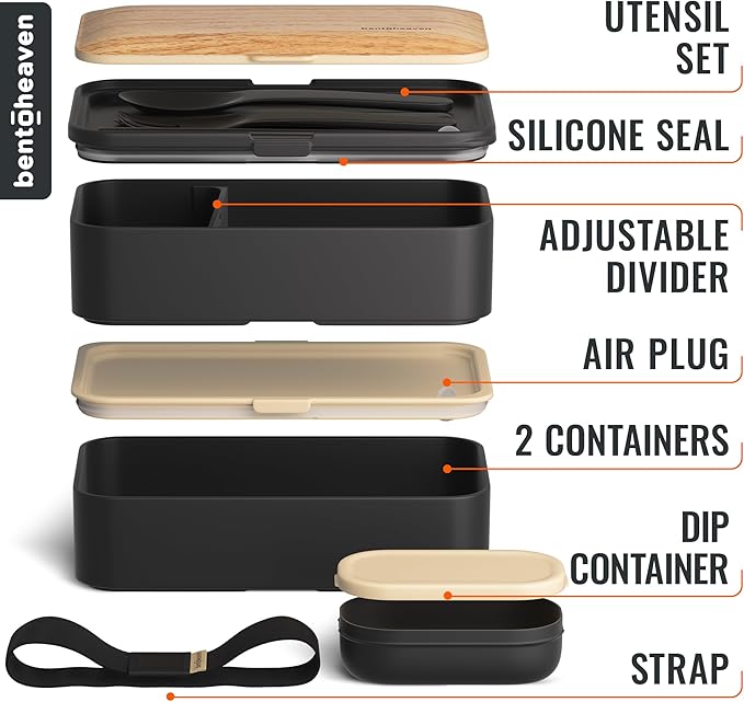 Bentoheaven Premium Bento Box Adult Lunch Box with Compartments for Women & Men, Set of Utensil & Chopsticks & Dip Container, Cute Japanese Kids Bento Lunch Box, Microwavable (Symph Onyx)