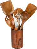 Wooden Utensils for Cooking, 7pcs Natural Acacia Wood kitchen utensils set with Holder For Cooking Utensil set Wooden Spoons Spurtle Spatula For Cooing Non-Stick Pan