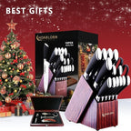 Japanese Knife Block Set 15PCS with Bulid-in Sharper in Knife Block and 6 Steak Knives Professional Self Sharpening Knives Set Damasucs Style German Stainless Steel Best Housewarming&Wedding Gift