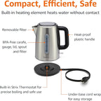 Amazon Basics Electric Stainless Steel Kettle for Tea and Coffee, BPA-Free, Fast Boiling, Auto Shut-Off, 1.8 Quarts, 1500W, Black and Silver
