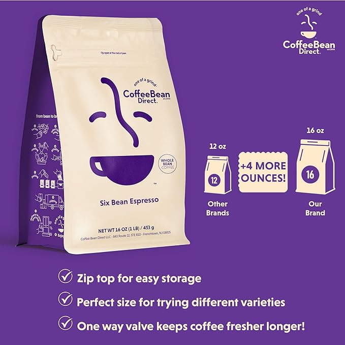 Coffee Bean Direct Six Bean Espresso, Whole Bean Coffee, Dark Roast, 1 Pound Bag (Pack of 1)