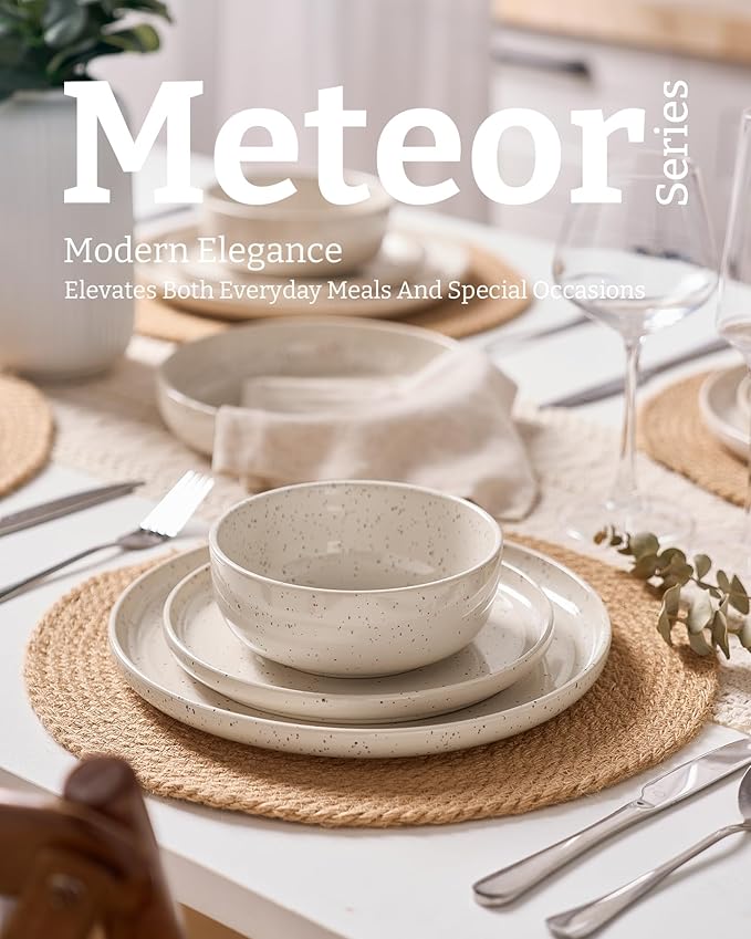 Famiware Meteor Plates and Bowls Sets for 4, 12 Pieces Dinnerware Sets, Microwave and Dishwasher Safe Dishes Set, Creamy White