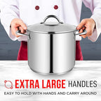 Stainless Steel Stockpot with Tempered Glass Lid 16 Quart, Durable 18/0 Stainless Steel, Impact-Bonded Base for Even Heating, Riveted Handles, Oven & All Stove Compatible, Safe Up To 500°F (260°C)