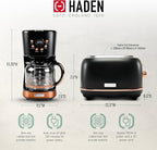 Haden Heritage 2 Slice Wide Slot Stainless Steel Toaster Bundled with 12 Cup Programmable Drip Coffee Maker Coffee Machine, Black & Copper