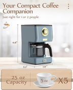 Amaste Coffee Maker, 5 Cup Coffee Pot with Three Brewing Modes, Retro Coffee Maker with Glass Carafe & Reusable Coffee Filter, Drip Coffee Maker Ideal for Home or Office, Keep Warm, Ash Blue