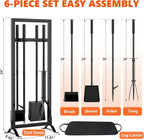 6 Pcs Fireplace Tools Set with Log Carrier, HXJLJY 34" Fireplace Accessories Sturdy Fire Tool Set Holder with Fire Poker Brush Shovel Tong Stand for Indoor Fireplace Outdoor Fire Pit Wood Stove,Square