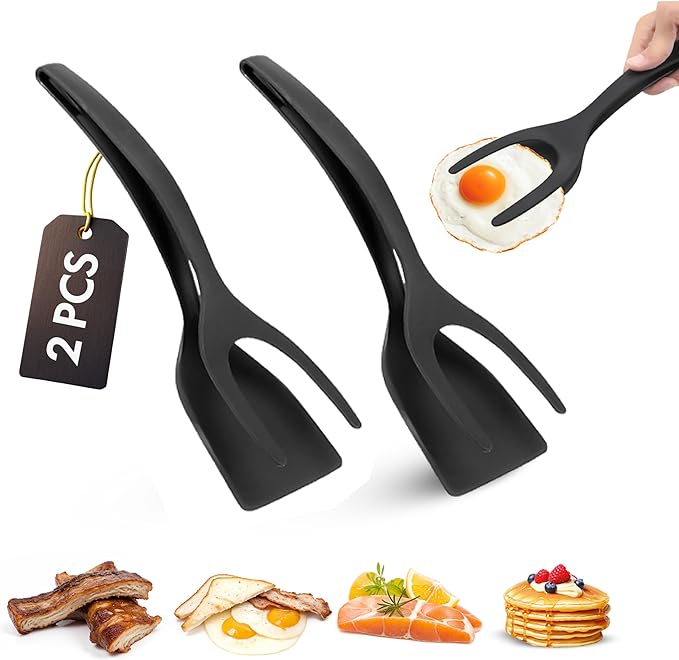 Egg Flipper Spatula Tongs (Set of 2) – Non-Stick 2-in-1 Grip & Flip Kitchen Tongs for Pancakes, Fish, Eggs, and More – Heat Resistant Cooking Tool (Black)