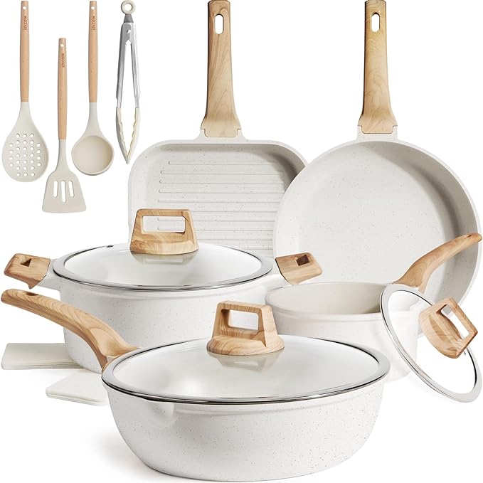 Kikcoin 16Pcs Pots and Pans Set Nonstick Ceramic Cookware Sets Induction Kitchen Cooking Set Non toxic Healthy Non Stick w/Grill Pan,Saute Pan, Ceramic White