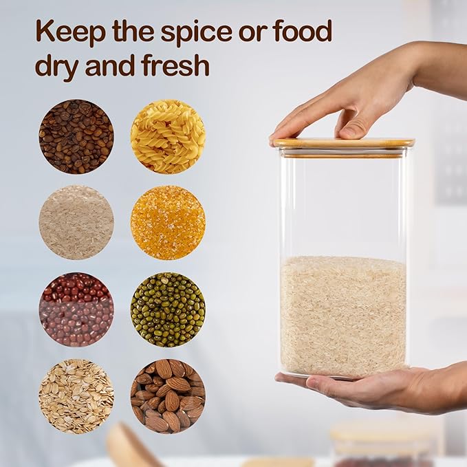 156oz Airtight Glass Square Storage Canister with Bamboo Lid Set of 2(4600ml*2) Large Gallon Glass Jars for Sugar, Flour, Cookies and Coffee beans (‎with Black Lable)