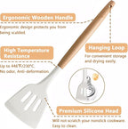 Silicone Kitchen Utensils Set of 5, Cooking Utensil Set with Heat Resistant Wooden Handle Non-Stick Silicone Spatula Spoon Turner Ladle, BPA FREE Cooking Kitchen Gadgets for Cookware & Baking