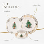 Spode Christmas Tree Gold 4-Piece Holiday Dinnerware Set - Fine Earthenware Tableware with 22K Gold Accents - Dinner Plate, Salad Plate, Teacup & Saucer - Festive Christmas Tableware, Dishwasher Safe