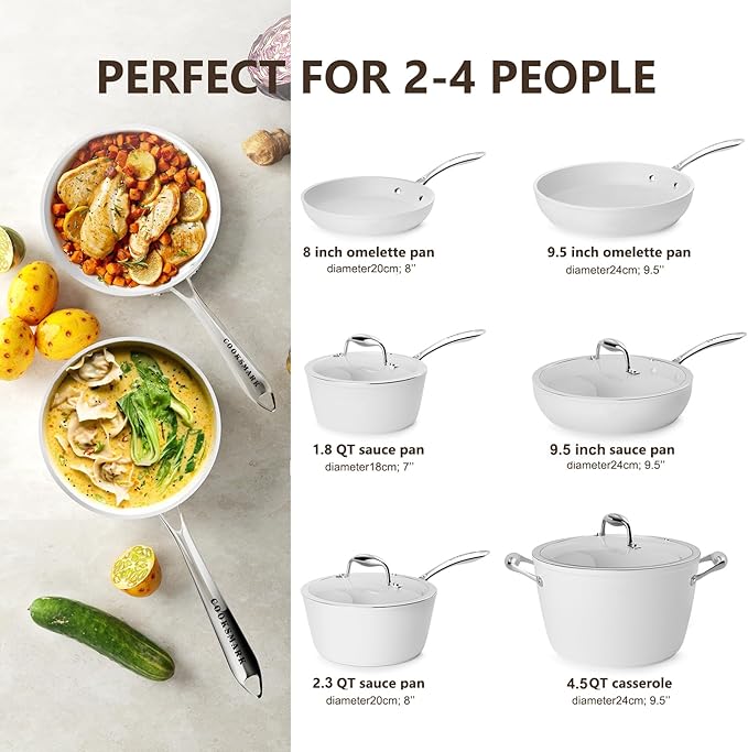 COOKSMARK Nonstick Ceramic Cookware Set, Induction & Dishwasher Safe Scratch-Resistant Pots and Pans Set with Glass Lids 10 Pieces, White