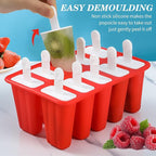 Popsicle Molds,Silicone Ice Pop Molds,BPA Free Popsicle Mold Reusable Easy Release Ice Pop Maker,Homemade Popsicle Mould with Silicone Funnel and Cleaning Brush (Red, 10 Cavities)