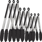 9 Pieces Silicone Tongs for Cooking 7,9,12 inches Kitchen Tongs with Silicone Tip Stainless Steel Heat Resistant Cooking Tongs for Food Grill Salad BBQ Frying and Serving, Black