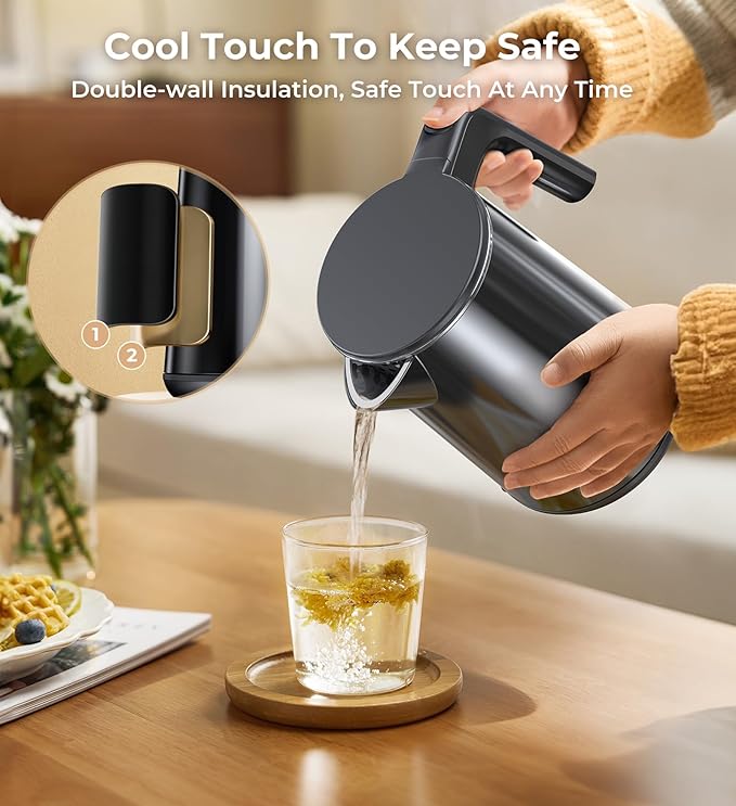 Electric Kettle, 1.0L 1200W Fast Heat with Auto Shut-Off, Boil-Dry Proof, 7 Temperature Control Teapot, Double Wall Stainless Steel Water Boiler Heater, 4H Keep Warm, Cool Touch Coffee Tea Pot, Black