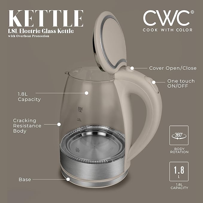 COOK WITH COLOR Electric Tea Kettle, 1.8L Cordless Hot Water Boiler, 1200W Rapid Boil, Auto Shutoff & Boil Dry Protection, BPA-Free, Sleek Countertop Design, Sand