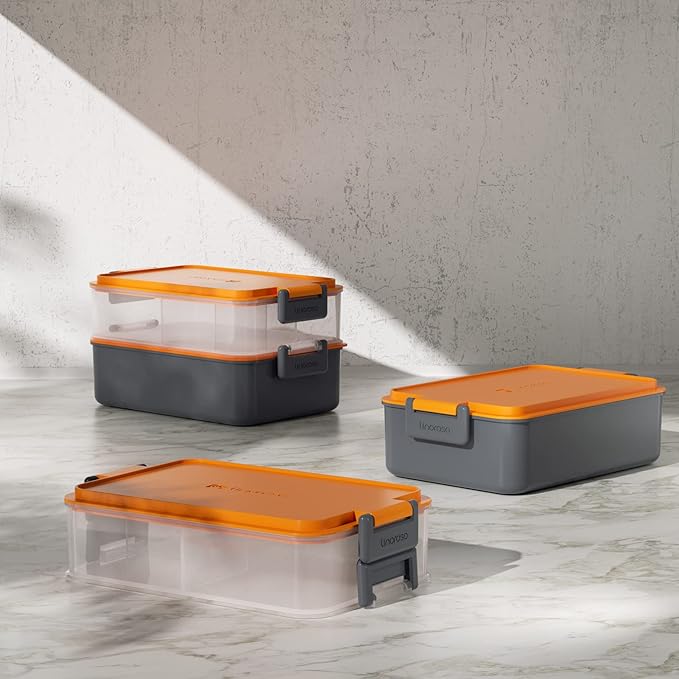 Linoroso Stackable Bento Lunch Box | Meet All Your On-the-Go Food, Salad and Snack Needs, Premium Adult Lunch Box Includes Utensil Set, Dressing Containers - Lava Orange