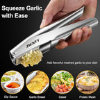 Garlic Press Stainless Steel, Professional Mincer No Need to Peel, Large Trough Presser Ergonomic Handle Easy Squeeze, Ginger Crusher & Masher Dishwasher Safe Rust Proof