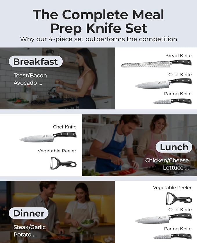 Essential 4-Piece Kitchen Knife Set,Sharp German Steel Knives Sets(Chef's Knife, Paring Knife, Bread Knife + Peeler) for Home Cooking BBQ,Gift Box included