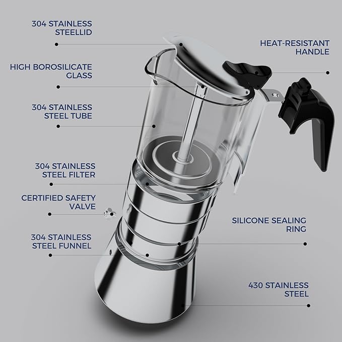 Moka Induction Stovetop Espresso Maker,Crystal Glass-top & Stainless Steel Espresso Moka Pot,Classic Italian coffee maker,240ml(6cup)