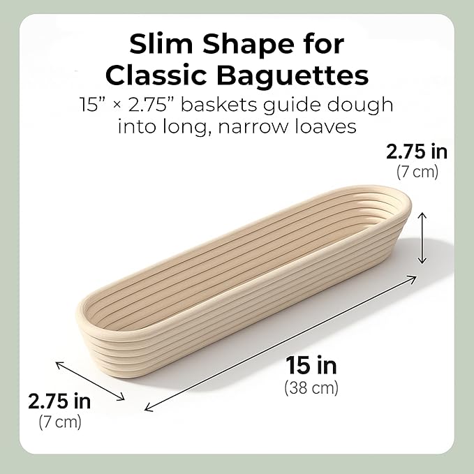 15 Inch Baguette Proofing Basket Set of 2 with Cotton Liners & Baguette Recipe eBook- Handcrafted Natural Rattan Banneton Bread Proofing Baskets for Sourdough- French Bread & Dough Rising
