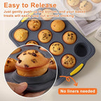 Silicone Muffin Pan for Baking with Metal Reinforced Frame，Foldable Cupcake Pan 12 Cups for Baking Homemade Muffins,Nonstick Cupcake Baking Pan Molds for Oven Dishwasher Safe With Brush and scraper